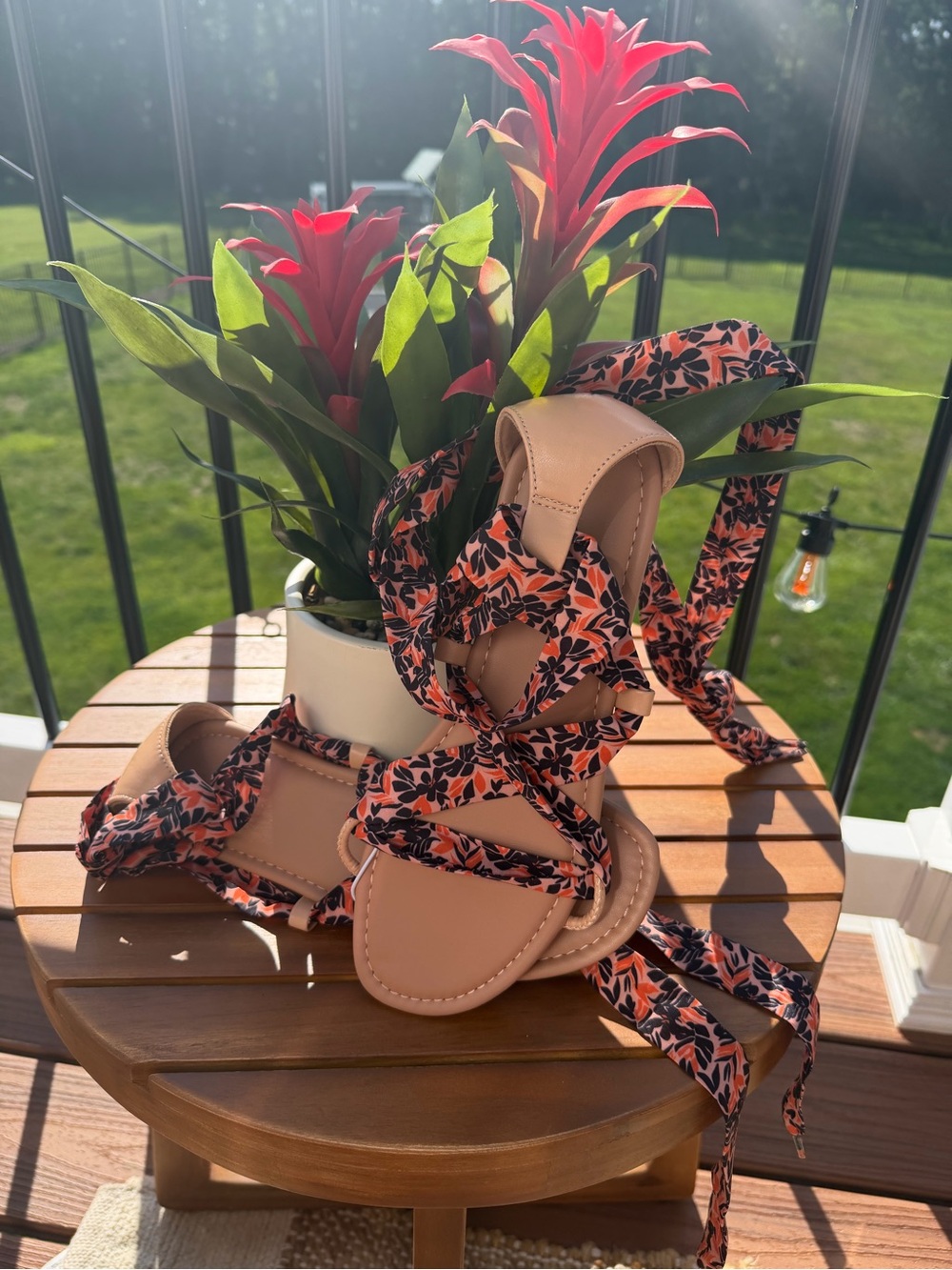Old Navy Peach and Black Floral Wrap Up Sandals